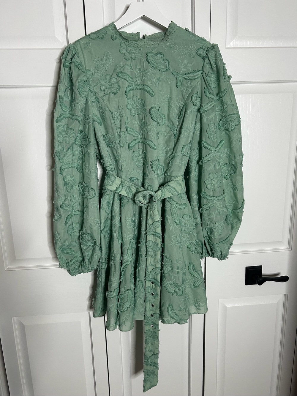 Textured Floral Belted Mini Dress — Sage Green